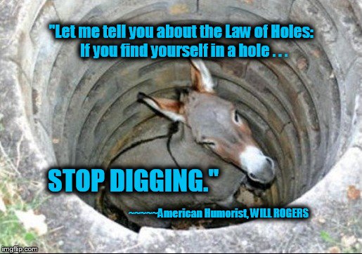 Burro in a well | "Let me tell you about the Law of Holes:  If you find yourself in a hole . . . STOP DIGGING." ~~~~~American Humorist, WILL ROGERS | image tagged in burro,donkey,stop digging,will rogers,memes | made w/ Imgflip meme maker