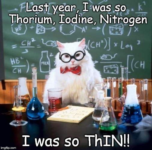 Chemistry Cat | Last year, I was so Thorium, Iodine, Nitrogen I was so ThIN!! | image tagged in memes,chemistry cat,thin,thorium,iodine,nitrogen | made w/ Imgflip meme maker