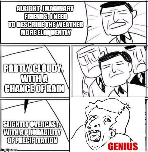 Forecast like a sir. | ALRIGHT, IMAGINARY FRIENDS: I NEED TO DESCRIBE THE WEATHER MORE ELOQUENTLY PARTLY CLOUDY, WITH A CHANCE OF RAIN SLIGHTLY OVERCAST, WITH A PR | image tagged in alright gentlemen we need a new idea,alright gentleman we need a new idea - blank | made w/ Imgflip meme maker