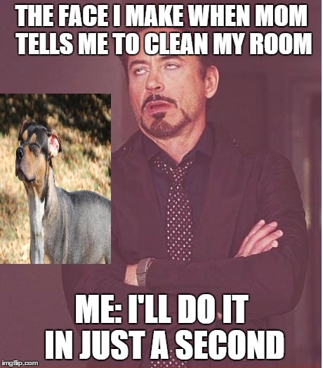 Face You Make Robert Downey Jr | THE FACE I MAKE WHEN MOM TELLS ME TO CLEAN MY ROOM ME: I'LL DO IT IN JUST A SECOND | image tagged in memes,face you make robert downey jr | made w/ Imgflip meme maker
