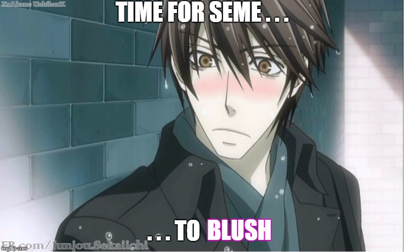 TIME FOR SEME . . . . . . TO BLUSH | image tagged in takano blush | made w/ Imgflip meme maker