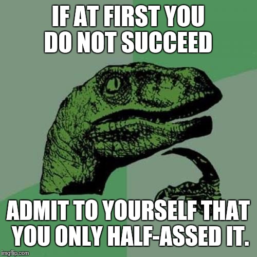 Philosoraptor | IF AT FIRST YOU DO NOT SUCCEED ADMIT TO YOURSELF THAT YOU ONLY HALF-ASSED IT. | image tagged in memes,philosoraptor | made w/ Imgflip meme maker