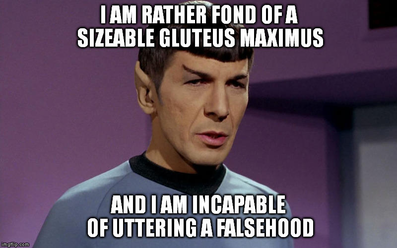 OSMR | I AM RATHER FOND OF A SIZEABLE GLUTEUS MAXIMUS AND I AM INCAPABLE OF UTTERING A FALSEHOOD | image tagged in meme,spock | made w/ Imgflip meme maker