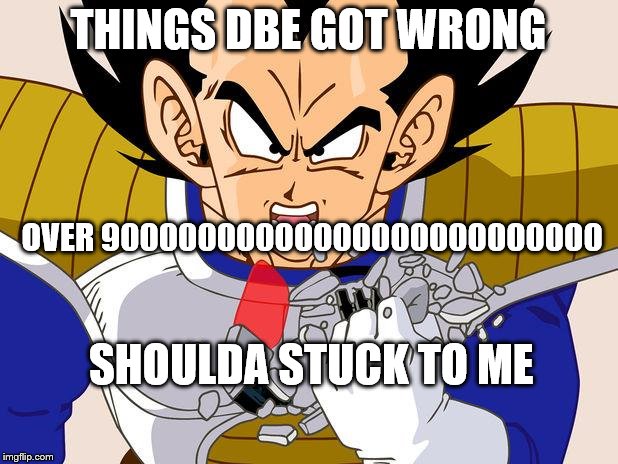 Over 9000 | THINGS DBE GOT WRONG OVER 90000000000000000000000000 SHOULDA STUCK TO ME | image tagged in over 9000 | made w/ Imgflip meme maker