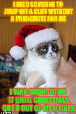 Grumpy Cat Christmas | I NEED SOMEONE TO JUMP OFF A CLIFF WITHOUT A PARACHUTE FOR ME I WAS GOING TO DO IT UNTIL CHRISTMAS GOT 8 OUT OF MY 9 LIVES | image tagged in memes,grumpy cat christmas,grumpy cat | made w/ Imgflip meme maker
