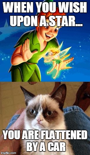 Grumpy Cat Does Not Believe | WHEN YOU WISH UPON A STAR... YOU ARE FLATTENED BY A CAR | image tagged in memes,grumpy cat does not believe | made w/ Imgflip meme maker