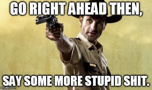 Rick Grimes | GO RIGHT AHEAD THEN, SAY SOME MORE STUPID SHIT. | image tagged in memes,rick grimes | made w/ Imgflip meme maker