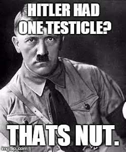 Adolf Hitler | HITLER HAD ONE TESTICLE? THATS NUT. | image tagged in adolf hitler | made w/ Imgflip meme maker