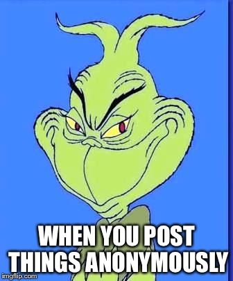 Good Grinch | WHEN YOU POST THINGS ANONYMOUSLY | image tagged in good grinch | made w/ Imgflip meme maker