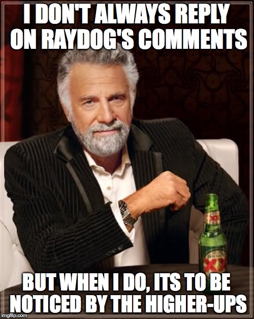 The Most Interesting Man In The World Meme | I DON'T ALWAYS REPLY ON RAYDOG'S COMMENTS BUT WHEN I DO, ITS TO BE NOTICED BY THE HIGHER-UPS | image tagged in memes,the most interesting man in the world | made w/ Imgflip meme maker