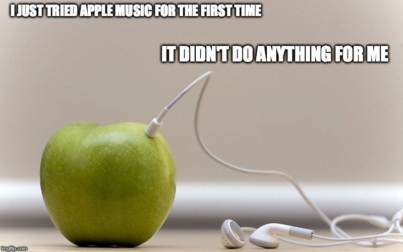 I need another Creative Zen...iTunes sucks | I JUST TRIED APPLE MUSIC FOR THE FIRST TIME IT DIDN'T DO ANYTHING FOR ME | image tagged in apple,music,funny,opinion | made w/ Imgflip meme maker