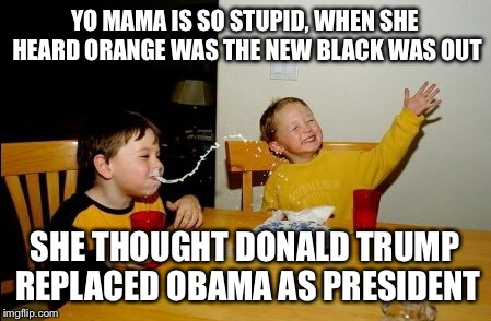 Yo Mamas So Fat Meme | YO MAMA IS SO STUPID, WHEN SHE HEARD ORANGE WAS THE NEW BLACK WAS OUT SHE THOUGHT DONALD TRUMP REPLACED OBAMA AS PRESIDENT | image tagged in memes,yo mamas so fat | made w/ Imgflip meme maker