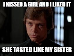 it felt so wrong, it felt so right - and I trust my feelings | I KISSED A GIRL AND I LIKED IT SHE TASTED LIKE MY SISTER | image tagged in luke skywalker | made w/ Imgflip meme maker