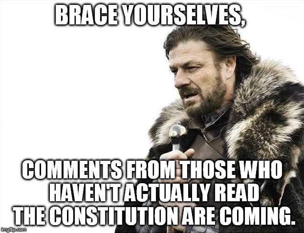 Brace Yourselves X is Coming Meme | BRACE YOURSELVES, COMMENTS FROM THOSE WHO HAVEN'T ACTUALLY READ THE CONSTITUTION ARE COMING. | image tagged in memes,brace yourselves x is coming | made w/ Imgflip meme maker