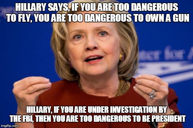 Hillary Clinton | HILLARY SAYS, IF YOU ARE TOO DANGEROUS TO FLY, YOU ARE TOO DANGEROUS TO OWN A GUN HILLARY, IF YOU ARE UNDER INVESTIGATION BY THE FBI, THEN Y | image tagged in hillary clinton | made w/ Imgflip meme maker