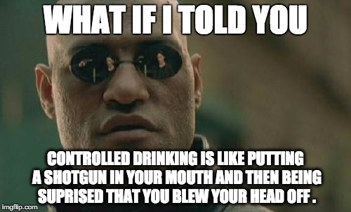 Matrix Morpheus | WHAT IF I TOLD YOU CONTROLLED DRINKING IS LIKE PUTTING A SHOTGUN IN YOUR MOUTH AND THEN BEING SUPRISED THAT YOU BLEW YOUR HEAD OFF . | image tagged in memes,matrix morpheus | made w/ Imgflip meme maker