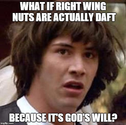 God's plan | WHAT IF RIGHT WING NUTS ARE ACTUALLY DAFT BECAUSE IT'S GOD'S WILL? | image tagged in memes,conspiracy keanu | made w/ Imgflip meme maker
