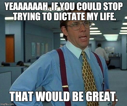 That Would Be Great Meme | YEAAAAAAH. IF YOU COULD STOP TRYING TO DICTATE MY LIFE. THAT WOULD BE GREAT. | image tagged in memes,that would be great | made w/ Imgflip meme maker