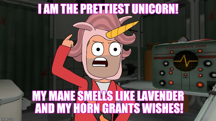 Prettiest Unicorn  (Piemations) | I AM THE PRETTIEST UNICORN! MY MANE SMELLS LIKE LAVENDER AND MY HORN GRANTS WISHES! | image tagged in piemations,prettiest unicorn,lavender,team fortress 2,soldier | made w/ Imgflip meme maker
