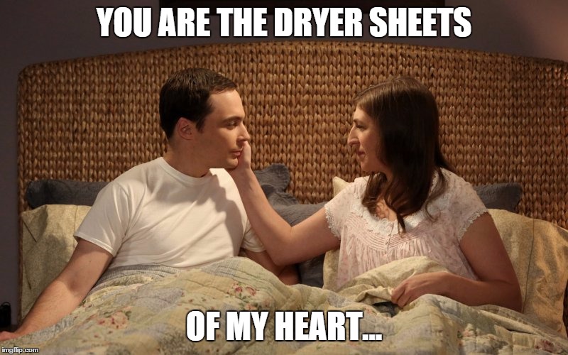 You are the dryer sheets of my heart | YOU ARE THE DRYER SHEETS OF MY HEART... | image tagged in big bang theory,sheldon and amy | made w/ Imgflip meme maker