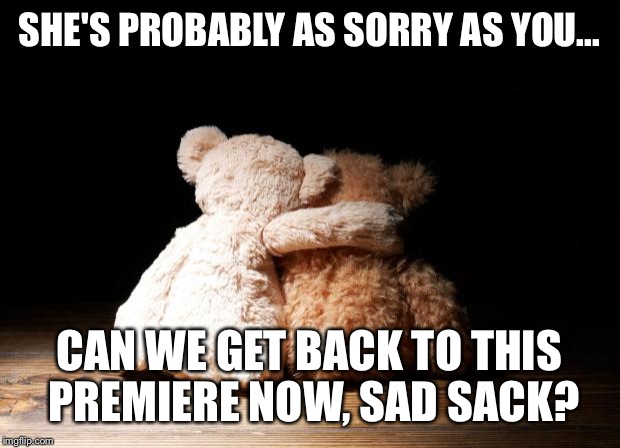 Bear hugs | SHE'S PROBABLY AS SORRY AS YOU... CAN WE GET BACK TO THIS PREMIERE NOW, SAD SACK? | image tagged in bear hugs | made w/ Imgflip meme maker