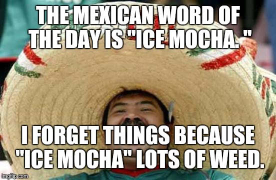 Happy Mexican | THE MEXICAN WORD OF THE DAY IS "ICE MOCHA. " I FORGET THINGS BECAUSE "ICE MOCHA" LOTS OF WEED. | image tagged in happy mexican | made w/ Imgflip meme maker