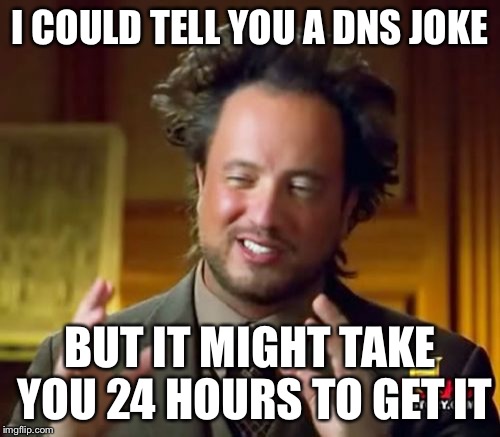 Ancient Aliens Meme | I COULD TELL YOU A DNS JOKE BUT IT MIGHT TAKE YOU 24 HOURS TO GET IT | image tagged in memes,ancient aliens | made w/ Imgflip meme maker
