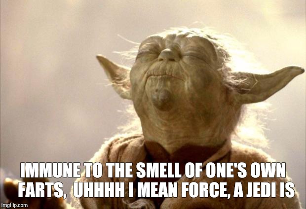 yodabutthurt | IMMUNE TO THE SMELL OF ONE'S OWN  FARTS,  UHHHH I MEAN FORCE, A JEDI IS | image tagged in yodabutthurt | made w/ Imgflip meme maker
