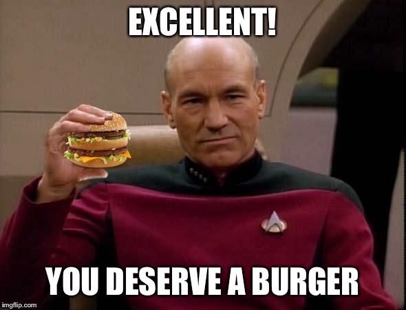 Picard with Big Mac | EXCELLENT! YOU DESERVE A BURGER | image tagged in picard with big mac | made w/ Imgflip meme maker