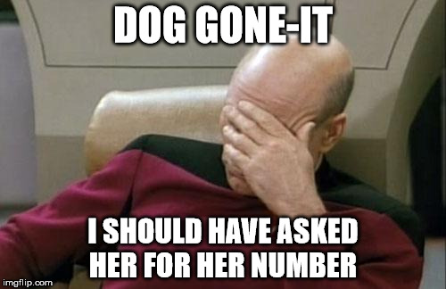 Captain Picard Facepalm | DOG GONE-IT I SHOULD HAVE ASKED HER FOR HER NUMBER | image tagged in memes,captain picard facepalm | made w/ Imgflip meme maker
