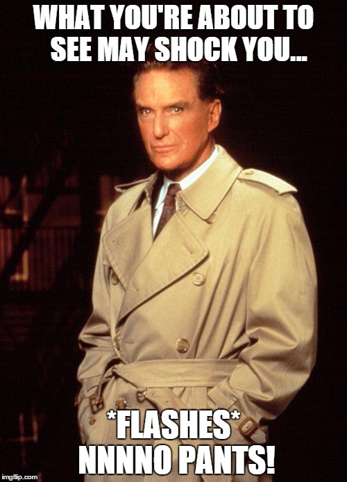 WHAT YOU'RE ABOUT TO  SEE MAY SHOCK YOU... *FLASHES* NNNNO PANTS! | image tagged in robert stack | made w/ Imgflip meme maker