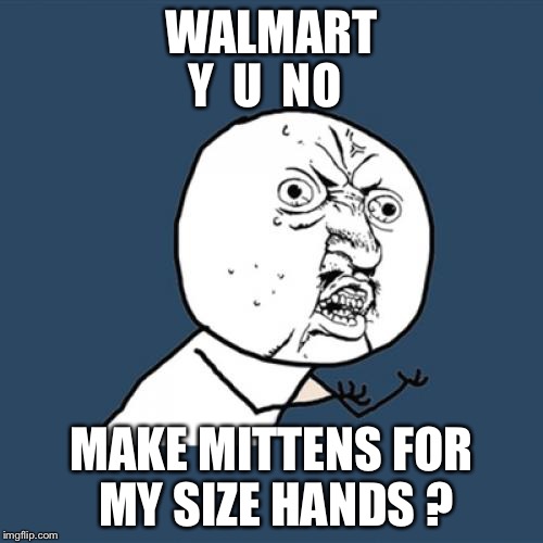 Y U No | WALMART MAKE MITTENS FOR MY SIZE HANDS ? Y  U  NO | image tagged in memes,y u no | made w/ Imgflip meme maker