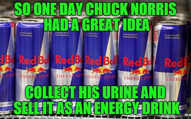 SO ONE DAY CHUCK NORRIS HAD A GREAT IDEA COLLECT HIS URINE AND SELL IT AS AN ENERGY DRINK | image tagged in memes,chuck norris,energy drink | made w/ Imgflip meme maker