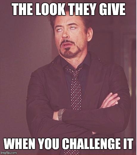 Face You Make Robert Downey Jr Meme | THE LOOK THEY GIVE WHEN YOU CHALLENGE IT | image tagged in memes,face you make robert downey jr | made w/ Imgflip meme maker