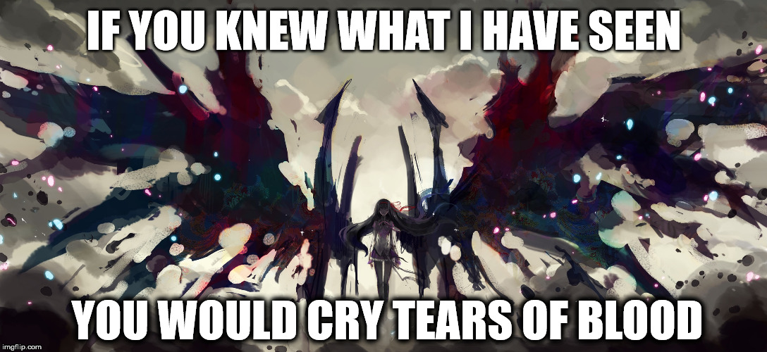 If You Knew | IF YOU KNEW WHAT I HAVE SEEN YOU WOULD CRY TEARS OF BLOOD | image tagged in homura akemi,madoka,memes,anime,madoka magica,gnosis | made w/ Imgflip meme maker