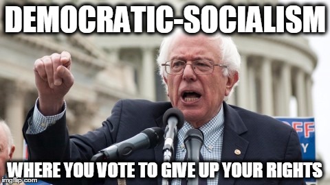 Bernie Sanders | DEMOCRATIC-SOCIALISM WHERE YOU VOTE TO GIVE UP YOUR RIGHTS | image tagged in bernie sanders | made w/ Imgflip meme maker