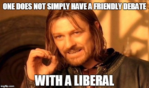 One Does Not Simply Meme | ONE DOES NOT SIMPLY HAVE A FRIENDLY DEBATE WITH A LIBERAL | image tagged in memes,one does not simply | made w/ Imgflip meme maker