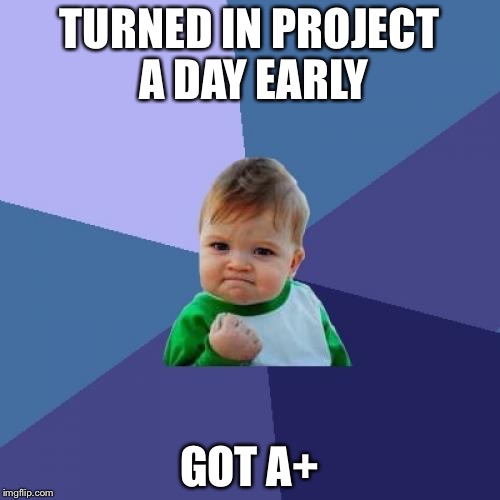 Success Kid Meme | TURNED IN PROJECT A DAY EARLY GOT A+ | image tagged in memes,success kid | made w/ Imgflip meme maker