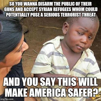 Infiltration of America | SO YOU WANNA DISARM THE PUBLIC OF THEIR GUNS AND ACCEPT SYRIAN REFUGEES WHOM COULD POTENTIALLY POSE A SERIOUS TERRORIST THREAT AND YOU SAY T | image tagged in memes,third world skeptical kid | made w/ Imgflip meme maker