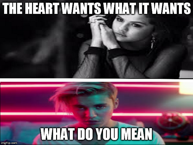 Selena and Justin | THE HEART WANTS WHAT IT WANTS WHAT DO YOU MEAN | image tagged in songs | made w/ Imgflip meme maker