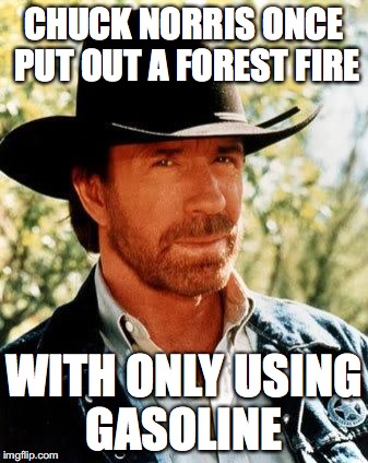 Chuck Norris Meme | CHUCK NORRIS ONCE PUT OUT A FOREST FIRE WITH ONLY USING GASOLINE | image tagged in chuck norris | made w/ Imgflip meme maker