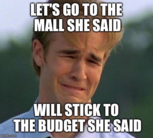 Shopping Budget | LET'S GO TO THE MALL SHE SAID WILL STICK TO THE BUDGET SHE SAID | image tagged in memes,1990s first world problems,shopping,budget,christmas | made w/ Imgflip meme maker