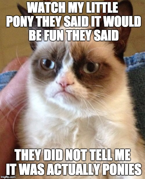 Grumpy Cat Meme | WATCH MY LITTLE PONY THEY SAID IT WOULD BE FUN THEY SAID THEY DID NOT TELL ME IT WAS ACTUALLY PONIES | image tagged in memes,grumpy cat | made w/ Imgflip meme maker