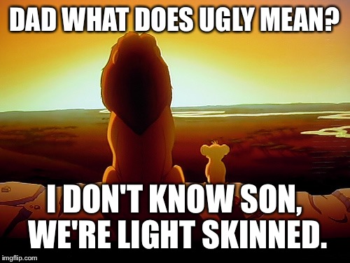Lion King Meme | DAD WHAT DOES UGLY MEAN? I DON'T KNOW SON, WE'RE LIGHT SKINNED. | image tagged in memes,lion king | made w/ Imgflip meme maker