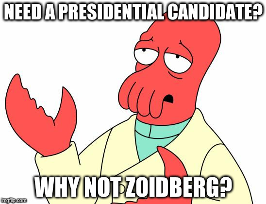 Futurama Zoidberg | NEED A PRESIDENTIAL CANDIDATE? WHY NOT ZOIDBERG? | image tagged in memes,futurama zoidberg | made w/ Imgflip meme maker