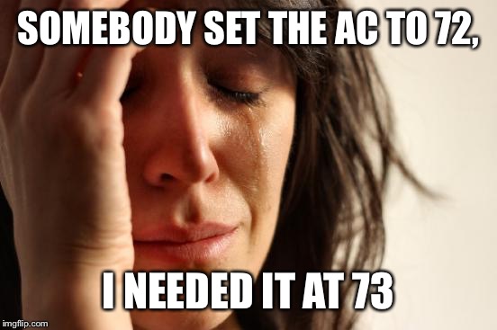 First World Problems Meme | SOMEBODY SET THE AC TO 72, I NEEDED IT AT 73 | image tagged in memes,first world problems | made w/ Imgflip meme maker