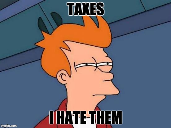 Futurama Fry | TAXES I HATE THEM | image tagged in memes,futurama fry | made w/ Imgflip meme maker