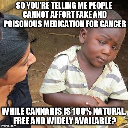 Third World Skeptical Kid | SO YOU'RE TELLING ME PEOPLE CANNOT AFFORT FAKE AND POISONOUS MEDICATION FOR CANCER WHILE CANNABIS IS 100% NATURAL, FREE AND WIDELY AVAILABLE | image tagged in memes,third world skeptical kid | made w/ Imgflip meme maker