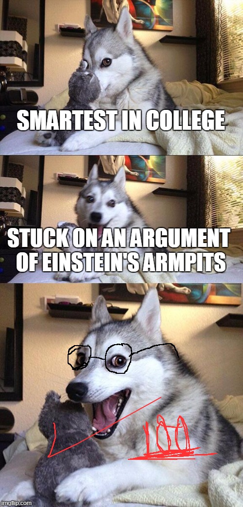Enemies can't solve | SMARTEST IN COLLEGE STUCK ON AN ARGUMENT OF EINSTEIN'S ARMPITS | image tagged in memes,bad pun dog | made w/ Imgflip meme maker