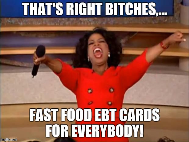 Oprah You Get A Meme | THAT'S RIGHT B**CHES,... FAST FOOD EBT CARDS FOR EVERYBODY! | image tagged in memes,oprah you get a | made w/ Imgflip meme maker